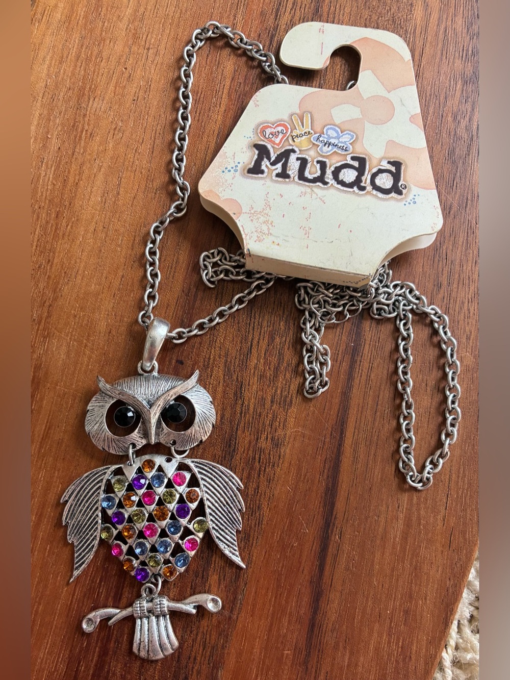 Mudd Silver-Tone Owl Pendant Necklace with Multicolor Rhinestones Articulate New
